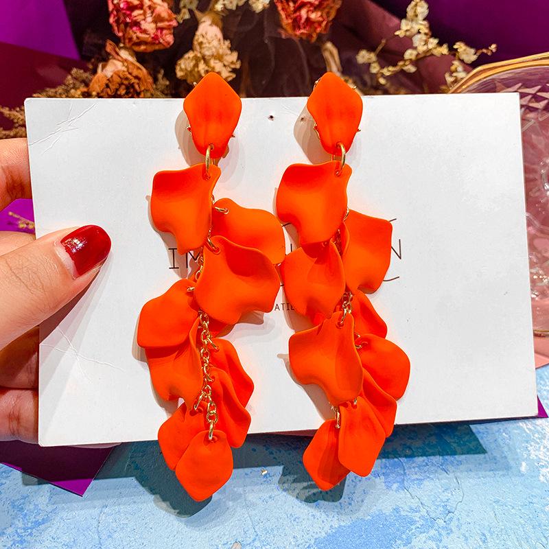 Silver Needle Rose Petal Long Earrings for Women - European and American Style, Chic Face-Slimming Dangle Jewelry