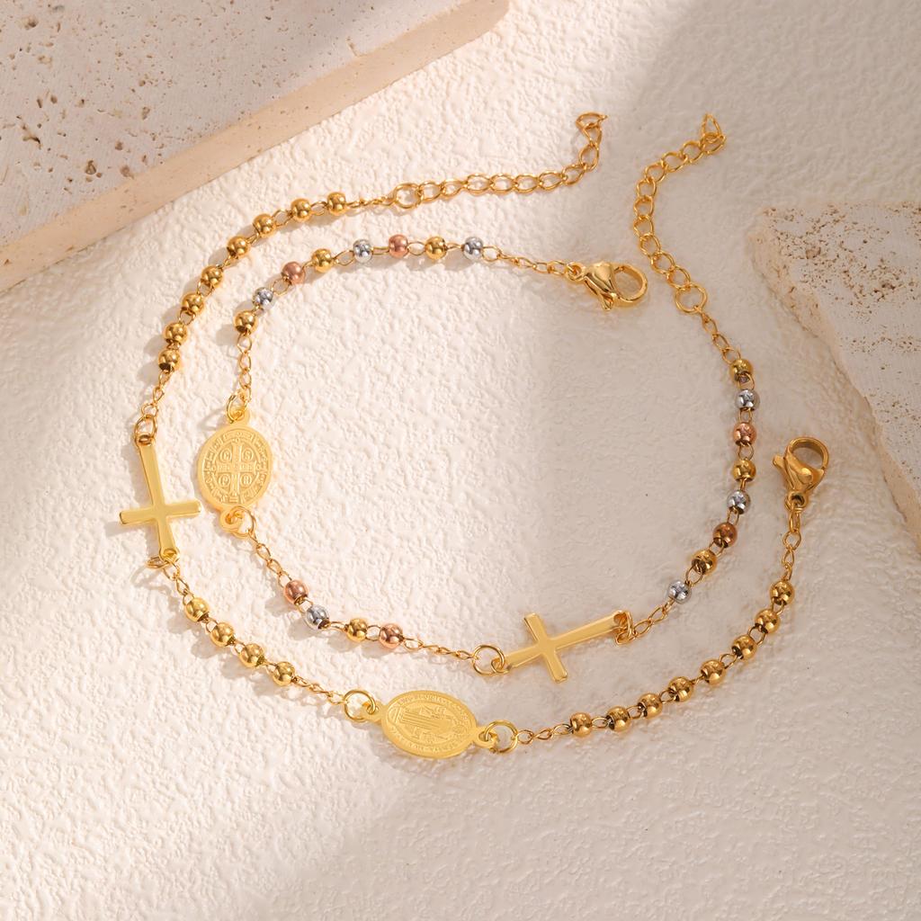 Dreifarbiger Heiliger Rosenkranz Kreuz Armband für Damen,Runde Perle Edelstahl Goldfarbe Armband,Jungfrau Maria Christentum Schmuck