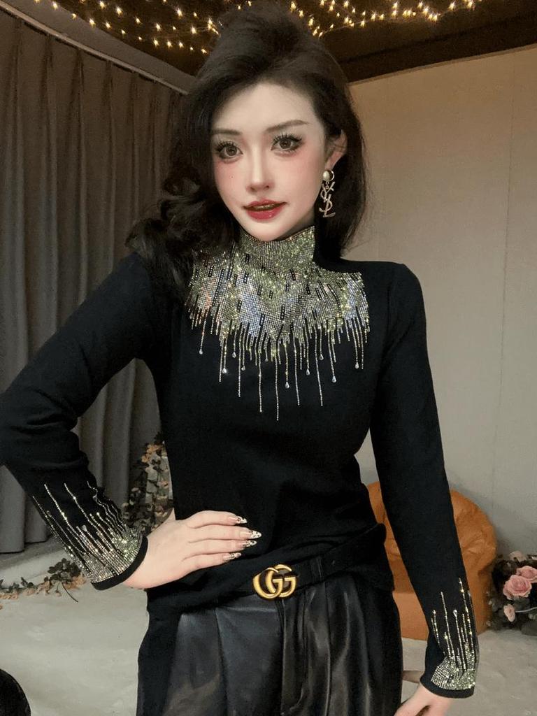 Autumn/Winter Women's Half-High Collar Long Sleeve T-Shirt: Premium Texture with Hot Drilling Details