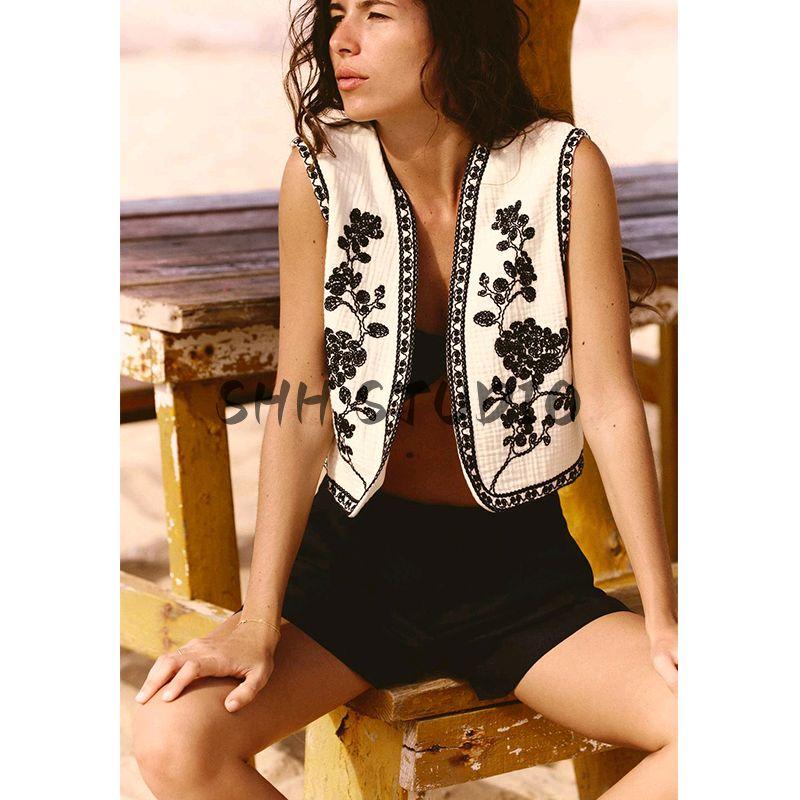 Spring and Summer New Women's Clothing Minimalist Versatile Contrast Color Embroider French Sleeveless Cardigan Vest Tops 6318042