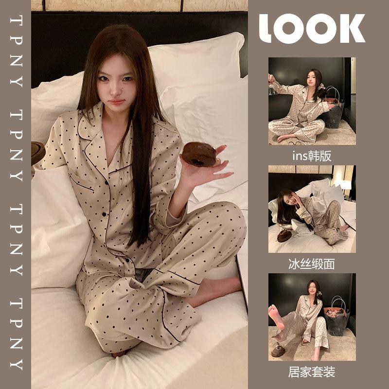[Champagne Polka Dot] Korean INS polka dot ice silk pajamas for women, spring/autumn style, new high-end satin loungewear