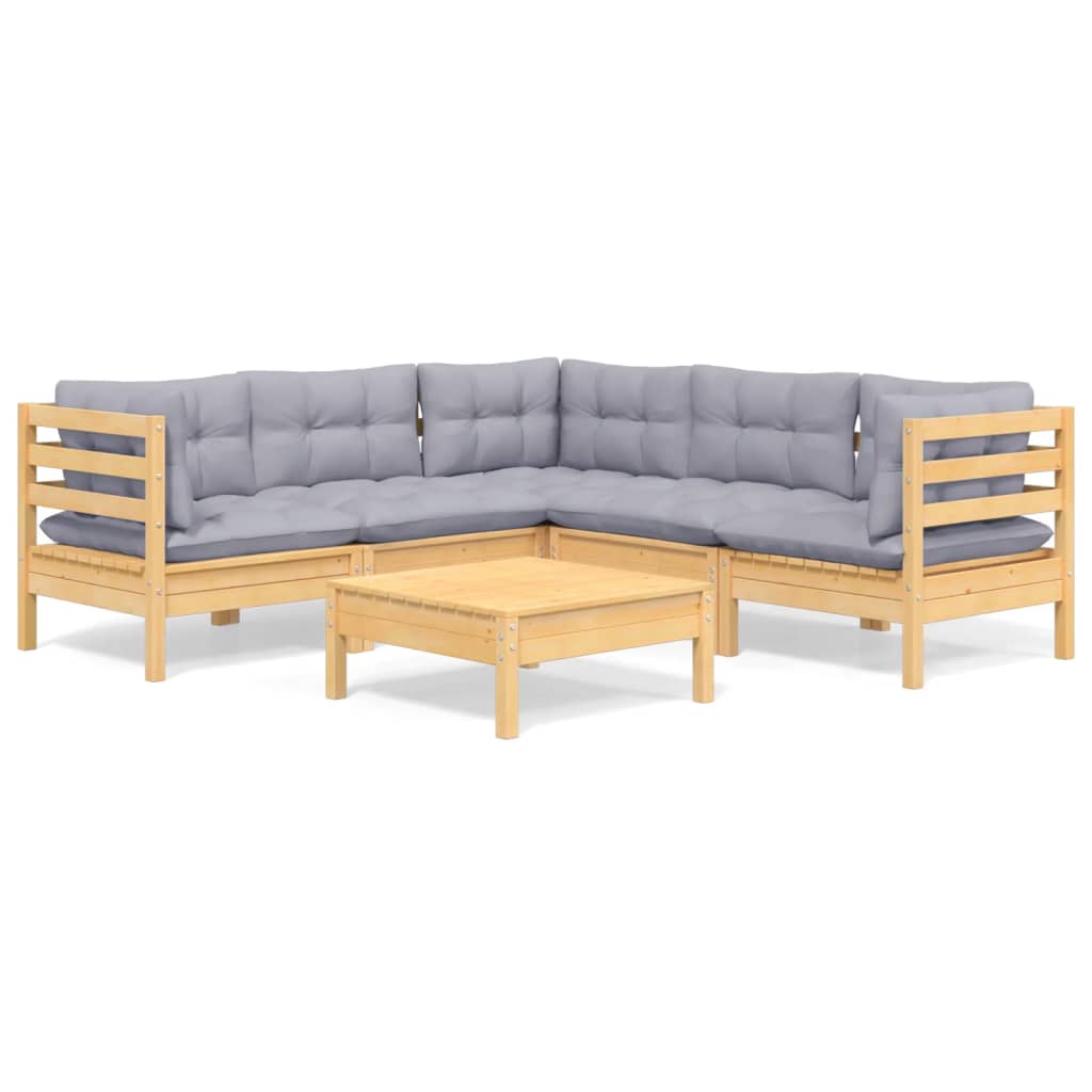 Vidaxl 6-Cz. Garden Lounge Set, Grey Cushions, Pine