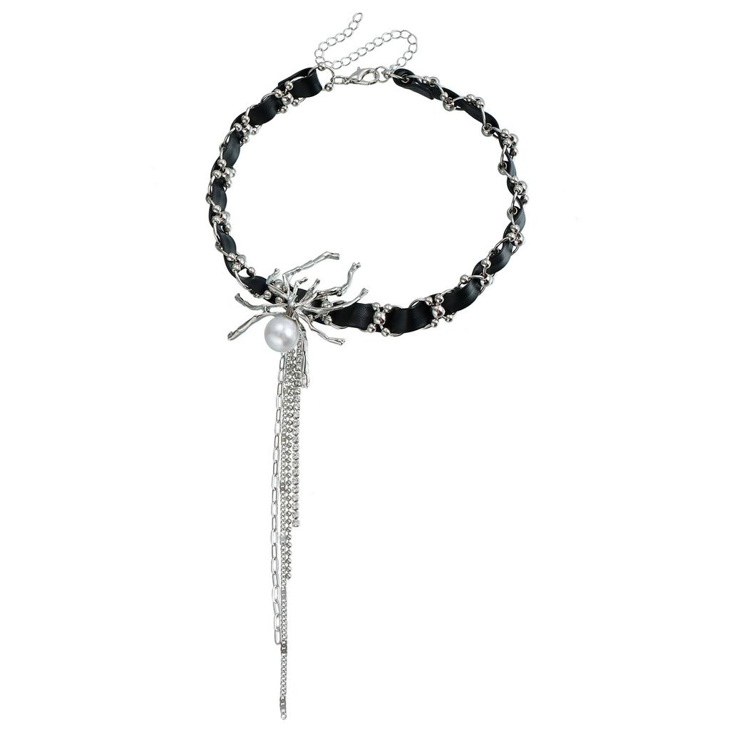 Gothic Spider Black Leather Choker Necklace Unisex Simulation Pearl Tassel Pendant Punk Neck Chain Jewelry Accessories