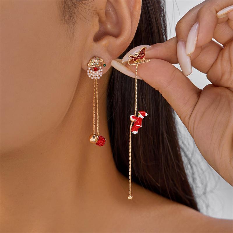 Moving Santa Claus Tassel Dangle Earrings For Women Christmas Tree Asymmetric Long Chain Gift