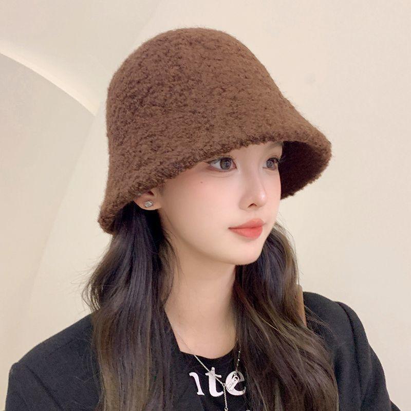 Autumn and Winter New Lamb Bucket Hat Solid Color Color Bucket Hat Warm Plush Basin Hat Headache Windproof Hat