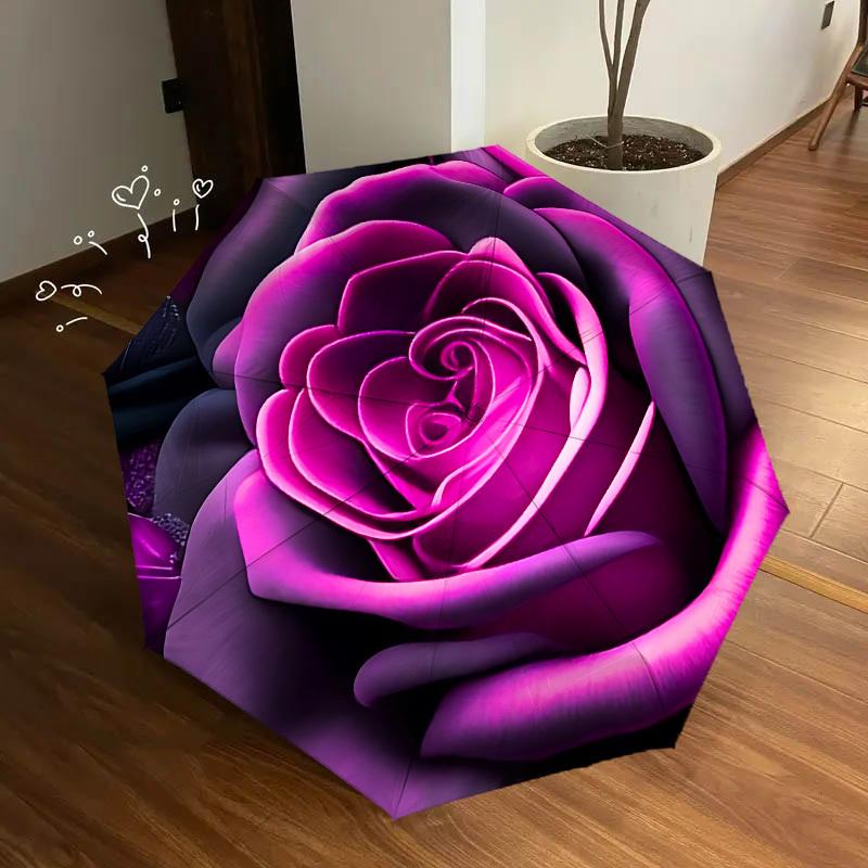 1pc Purple Rose Themed Design Umbrella 8 Rib Frame, One-touch Automatic Opening 3 Fold Umbrella, Fashion Gift-p0803043