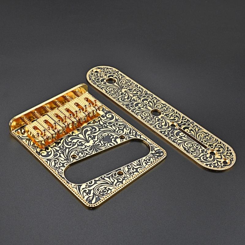 Vintage Carved Pattern Guitar Roller 6-Saddle Bridge and 3-Way Switch Control Plate Set for 6 String Electric Guitars