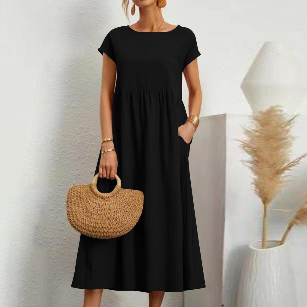 Abito da donna colorato a maniche corte, ampio, in cotone e lino, con tasche