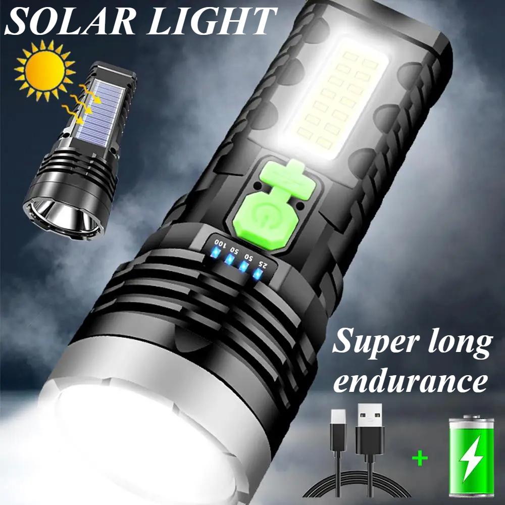 Solar LED Flashlight USB Charging Multifunctional Flashlight Waterproof Torch Built-in Battery Hand Light Camping Light