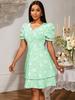 AOMEI Jacquard Wedding Guest Dresses for Women A Line V Neck Short Puff Sleeves Floral Tierred Knee Length Outfits