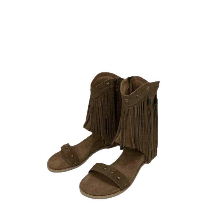 Inner Heightening Leather Roman Rivets Fringed Cool Boots Women'S Wedge Heel Open-Toed Bohemian Sandals
