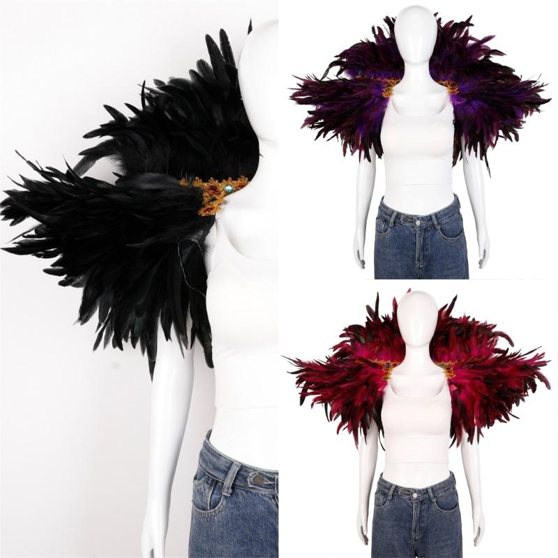 Veer Sjaal Cape Schouderomslag Gothic Veer Shrug Poncho Gouden Kraag Halloween Cosplay Kostuum voor Volwassenen Vrouwen