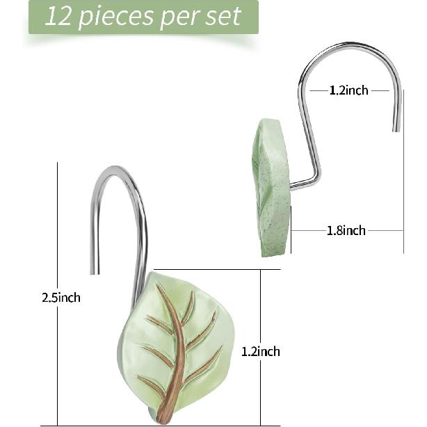 Gibelle 12 ST Blad Duschdraperikrokar, Grön Växtblad Dekorativa Duschdraperikrokar Metall Rostskyddad Söt Eukalyptus Duschdraperiringar