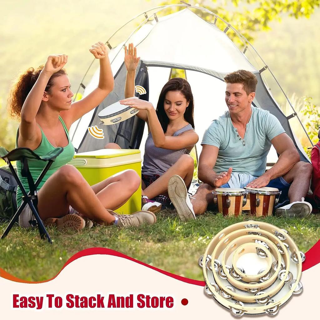 1Pc Wooden Tambourine 4/6/8/10-Inch Beige Rim with Metal Jingles Musical Educational Percussion Instrument for Concert Church Pa