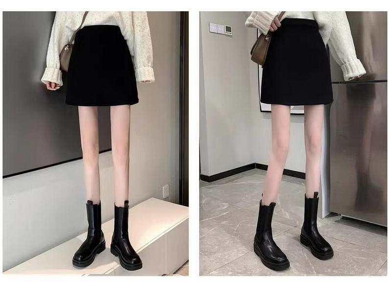 Women's High Waist Wool Blend A-Line Black Skirt - 2024 Petite Midi Bodycon, Anti-Exposure, Versatile for Autumn/Winter