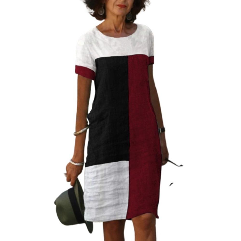 GMXIA Women's Fashion Summer Spring Colour Block Print Short Sleeve O-Neck Casual Dresses