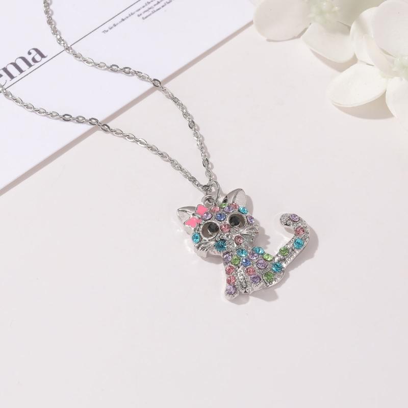Cat Jewelry Set for Girls Necklace Bracelet Ring Stud Earring Sets for Kids Rainbow Rhinestones Jewelry for Women Girls
