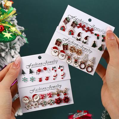 6 Pairs/Set Merry Christmas Series Stud Earrings for Women Cute Santa Claus Snowflake Elk Ribbon Earring Set Party Jewelry Gift