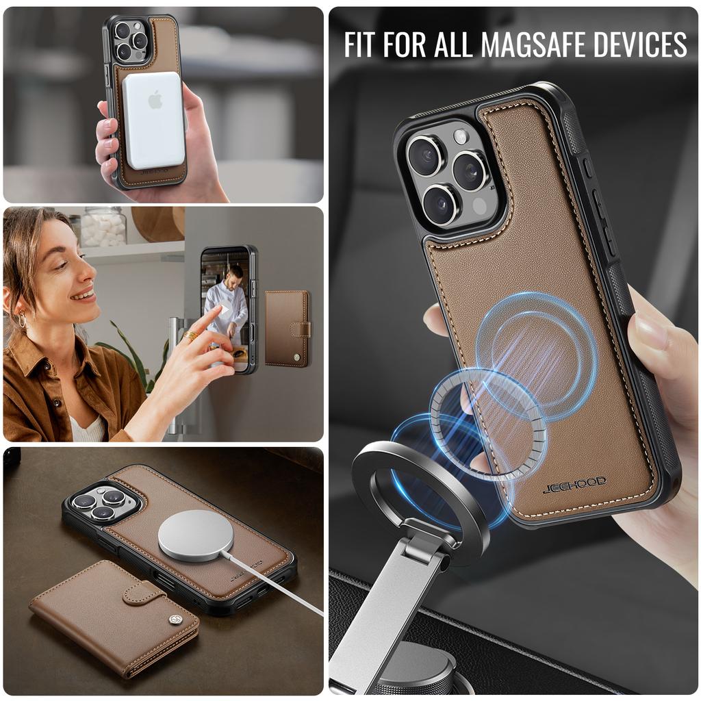 For iPhone 16 Pro Case JEEHOOD J09 RFID Blocking Card Holder Leather Back Phone Cover Compatible with MagSafe