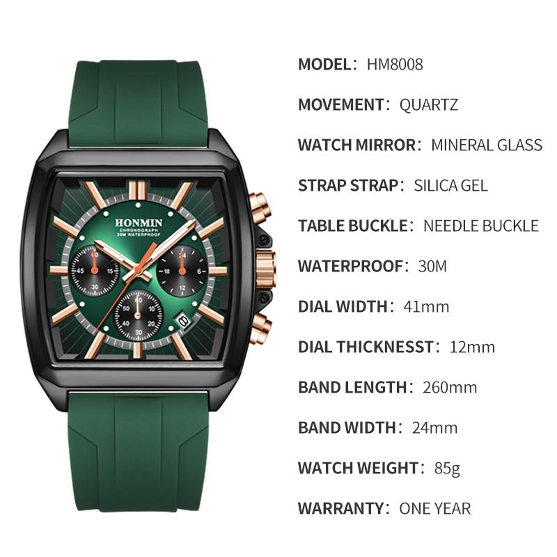 Watch for Men Business Wristwatch Rectangle Quartz Watches Waterproof Luminous Silicone Casual Clock Reloj Hombre