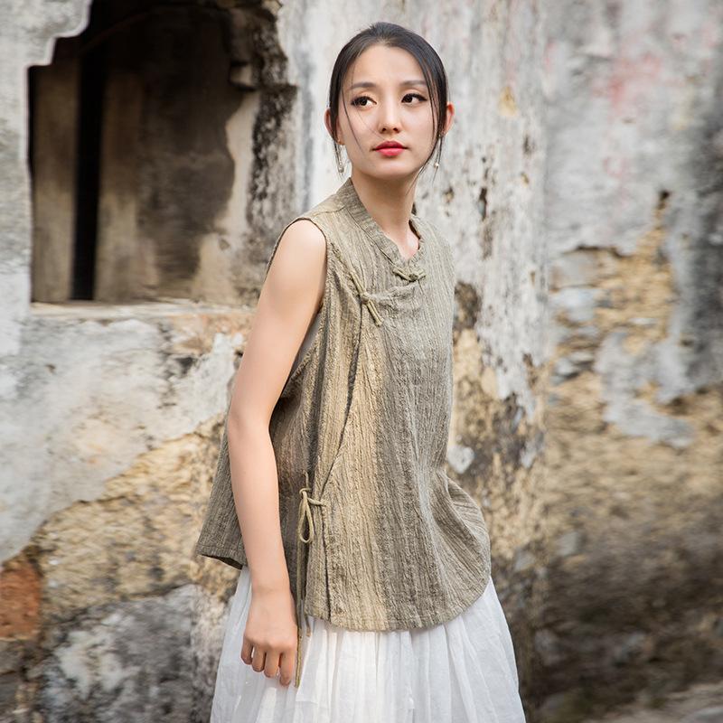 

Johnature Women Vintage Shirts Tops Stand Sleeveless Button Blouses Summer Tie-dye Chinese Style Shirts One Size