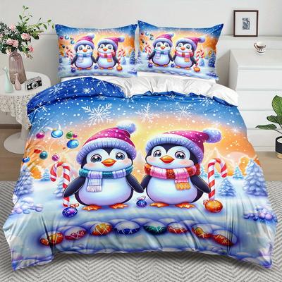 Pinguin-Thema Daunenbettbezug-Set - 2/3-teilig, Weich Bequem Atmungsaktiv, Weihnachtsgeschenk Bettwäsche-Set, Weihnachts-Tierdruck