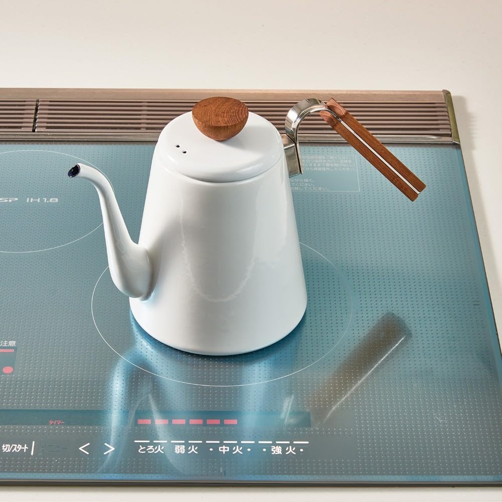 Hario Bona Enamel Drip Kettle, a Simple-style Drip Kettle Made of Enamel and Natural Wood. Gift Wrapping Available. Model Number: BDK-80-W