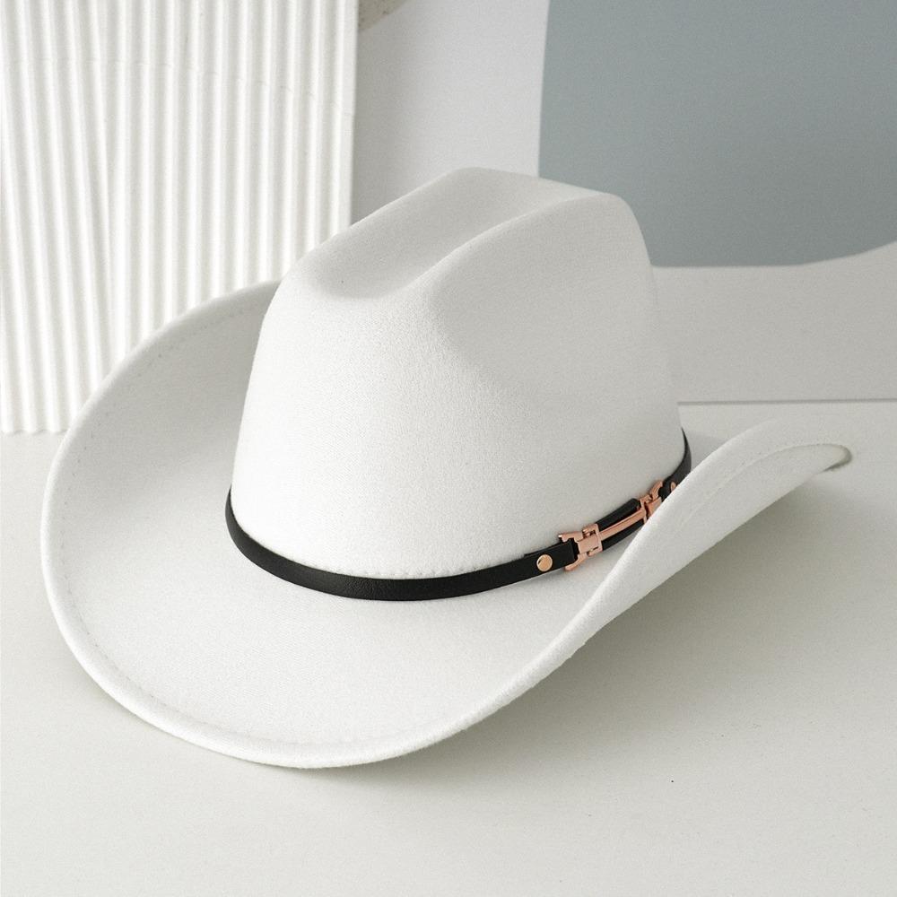 Windproof Cowboy Cap with Large Brims Breathable Western Top Hat with Decorative Buckle Polyester Wide-brimmed Hat белый
