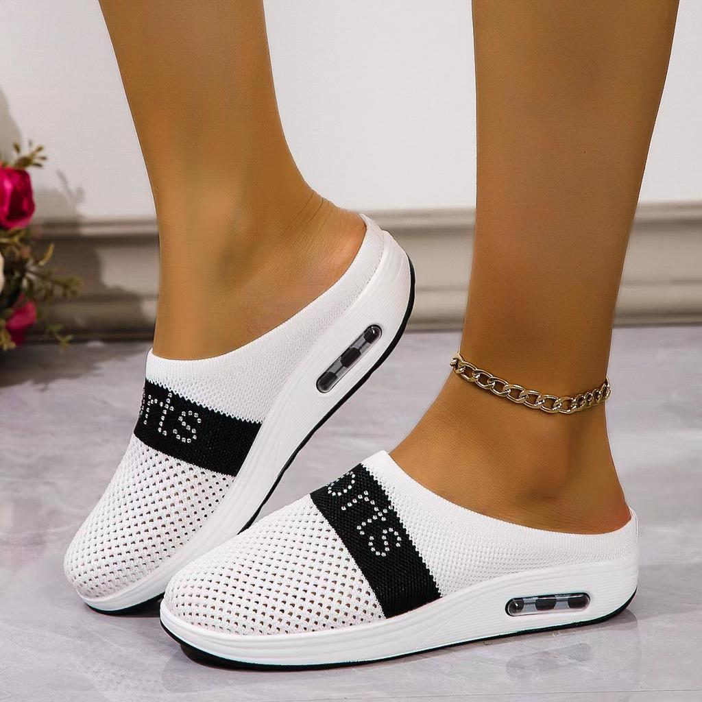 2025 New Women's Wedge Slippers Fly-woven Half-pack Breathable Slippers Foreign Trade Casual Fly-woven Air Cushion Slippers