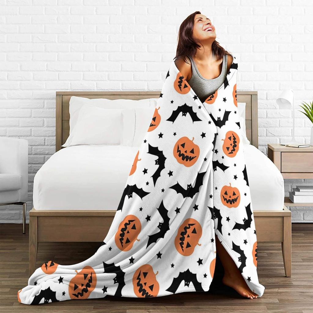 Halloween Pumpkins Spooky Knitted Blankets Fleece Bat Gothic Cartoon Soft Throw Blankets for Bedroom Sofa Bed Rug