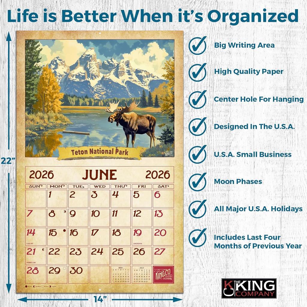 2026 Vintage National Parks Wall Calendar 16-Month X-Large Size 14x22, Retro-Classic Calendar by The KING Company-Monster Calendars