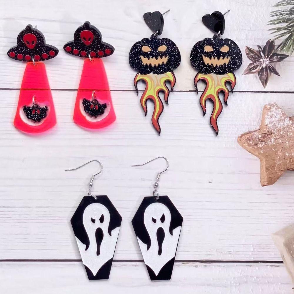 1 Pair UFO Halloween Earrings Acrylic Pumpkin Dangle Earrings Aesthetic Cute Ghost Ear Studs Unisex