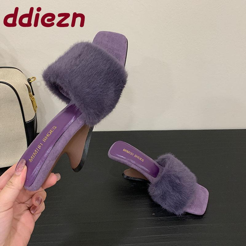 Fashion Female Wedges Footwear Warm Fashion Fur Women Pumps Heels Shoes Slides Square Toe Ladies Heeled Sandals Wedges Shoes