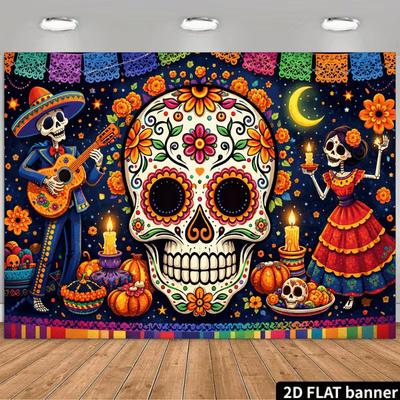 2D Dia De Los Muertos Backdrop, Dancing Skeleton & Candles Photo Booth Banner