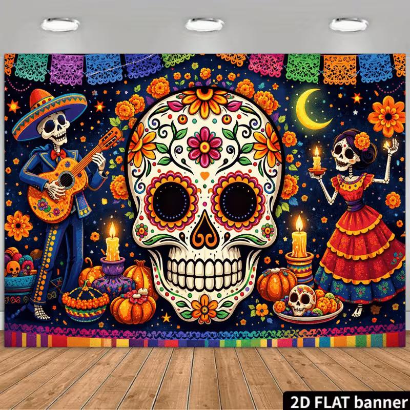 2D Dia de los Muertos Backdrop, Dancing Skeleton & Candles Photo Booth Banner 47.2x31.5inch/120*80cm