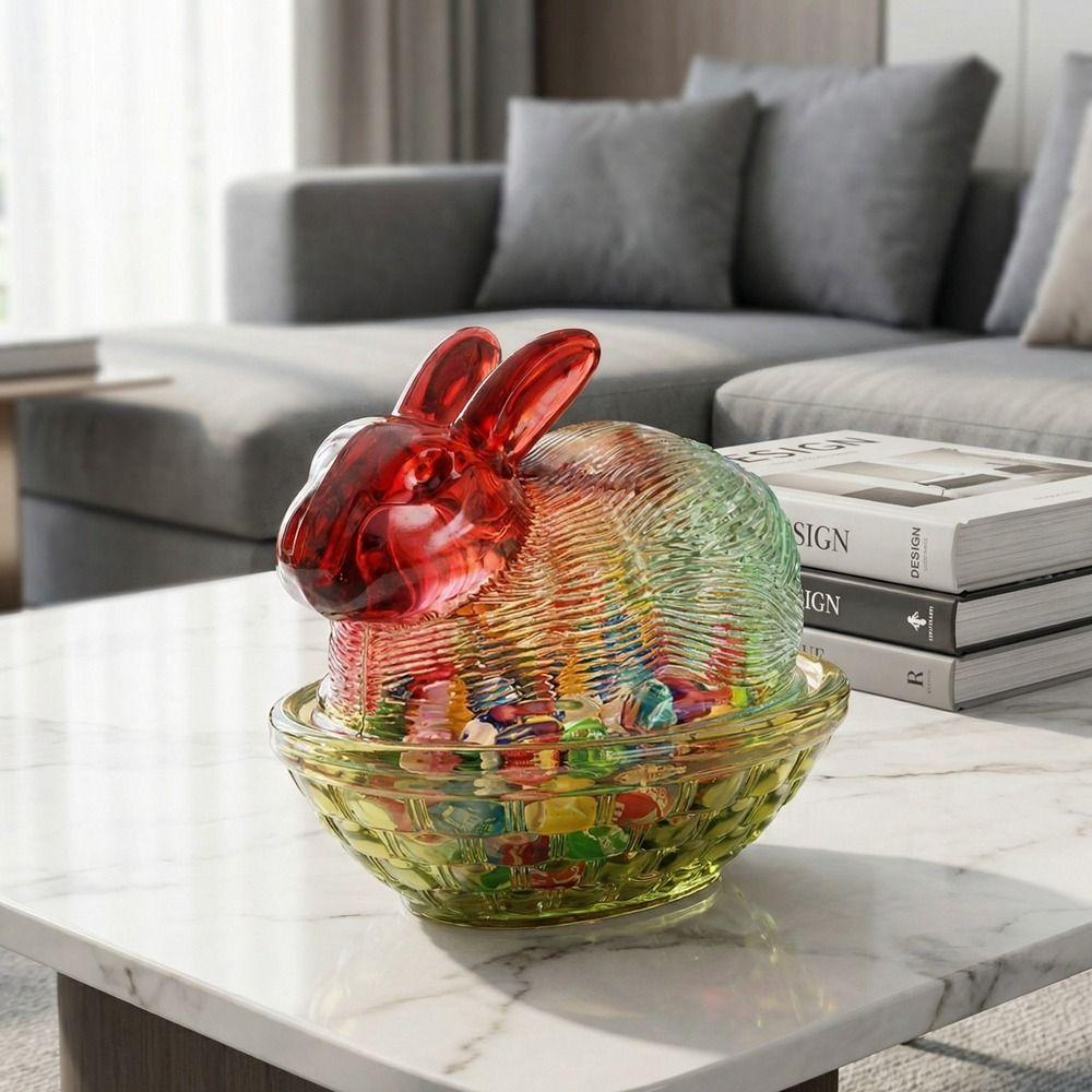 Cute Multi-Color Easter Rabbits Candy Dish Glass Festive Cookies Candy Bowl with Lid Snacks Bowl Dessert Serving