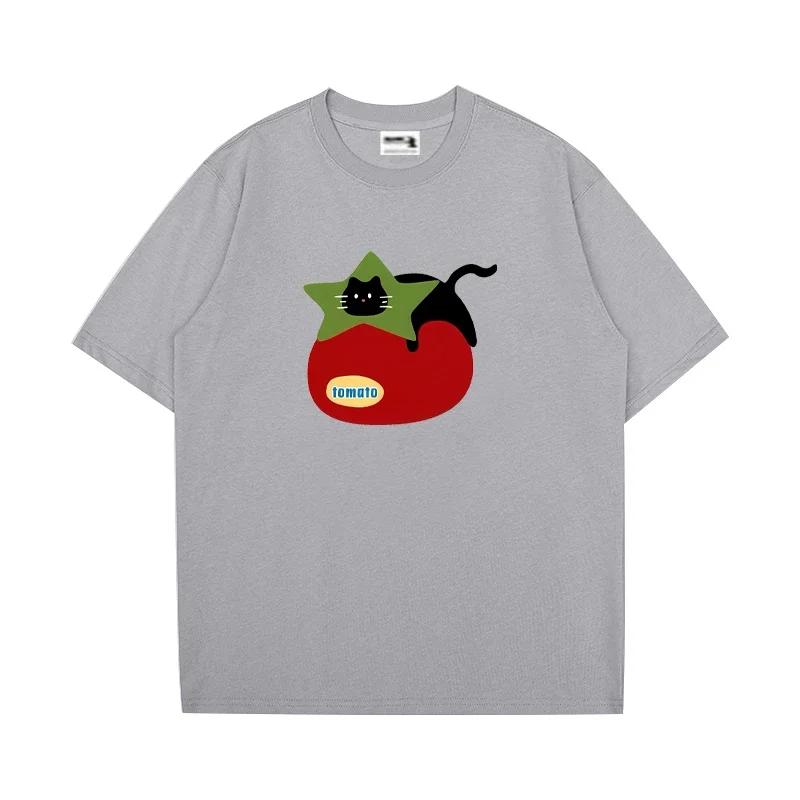 Men's Casual Tomato Cat Pattern Printed 100% Pure Cotton Short-sleeved T-shirt, Cute Kavai Humorous and Comfortable Top