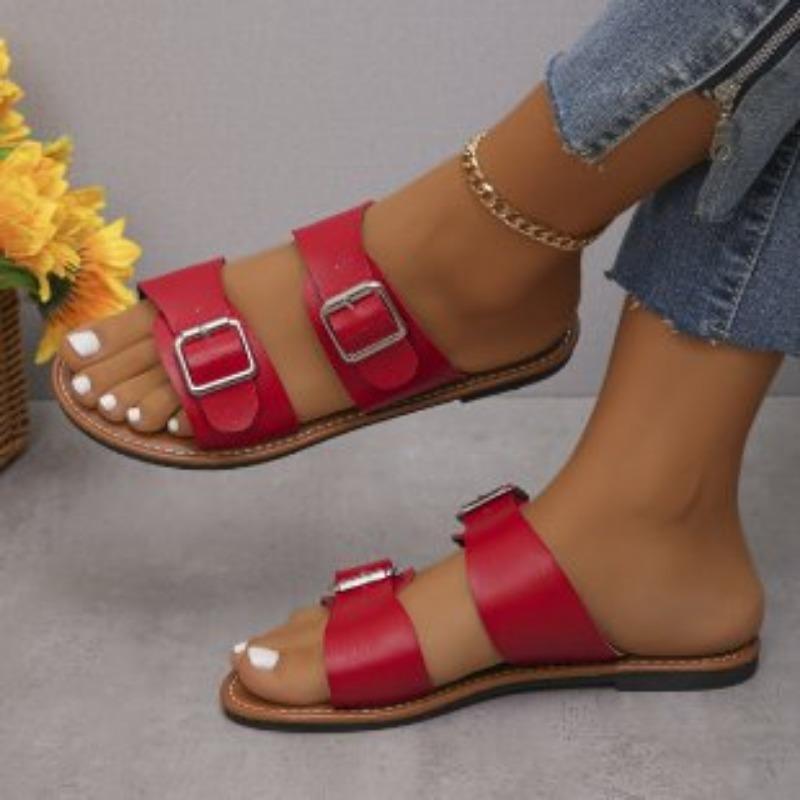Open-toed Flat-bottomed Slippers Female Wish Large Size One-word Buckle Belt Outside Wearing Beach Cool Slippers Sandals