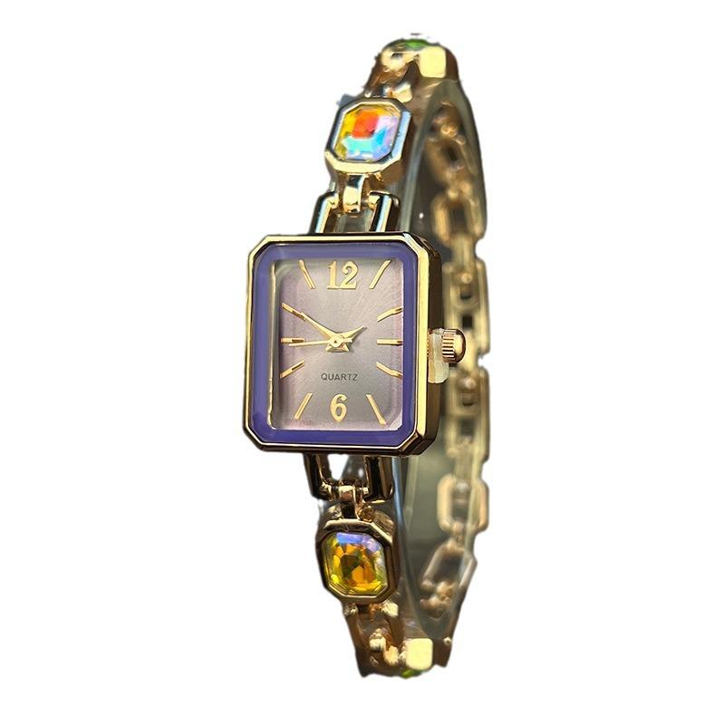 Ceas de damă cu cuarț pătrat cu 24 de culori, diamant foc, diamant, simplu, de nișă, lux ușor