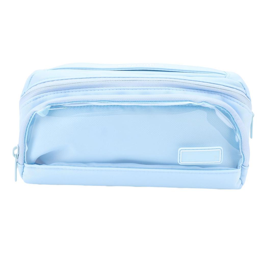Pencil Pouch Blue Large Capacity Canvas Pen Bag with Transparent Compartment for School Office Travel