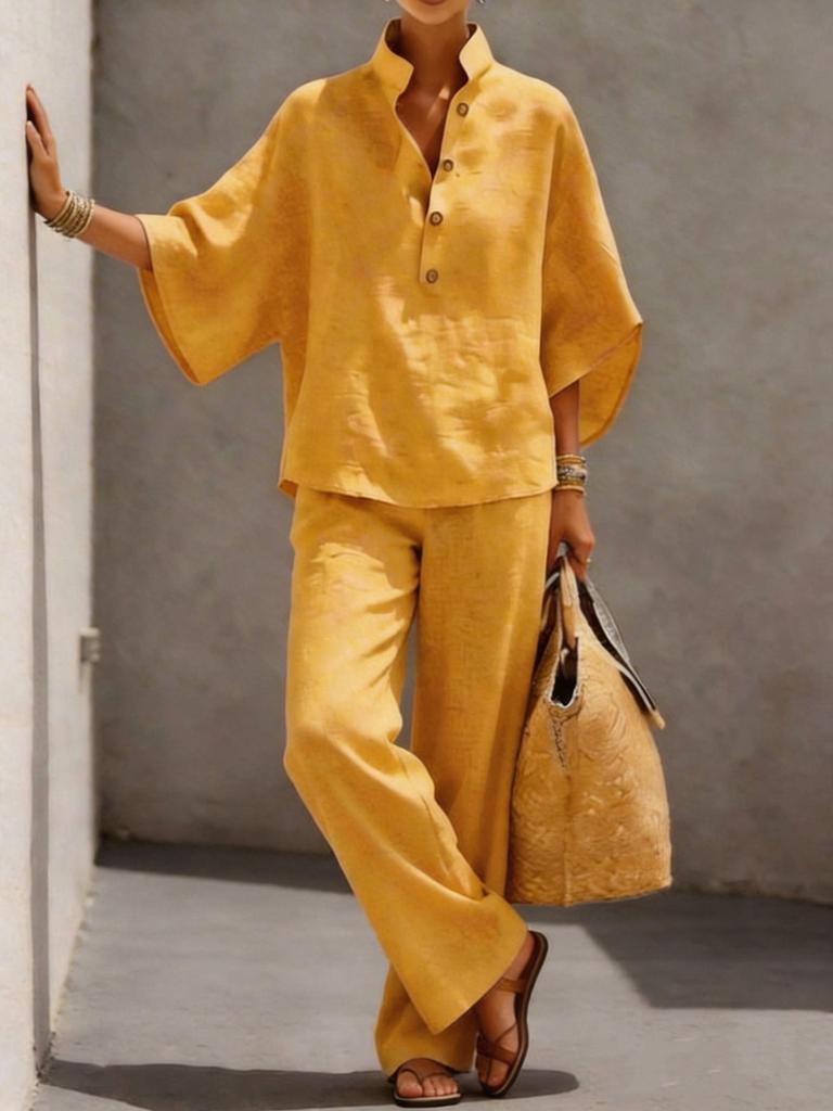 Women's Summer New Arrivals Cotton Linen Shirt Top Pants Set