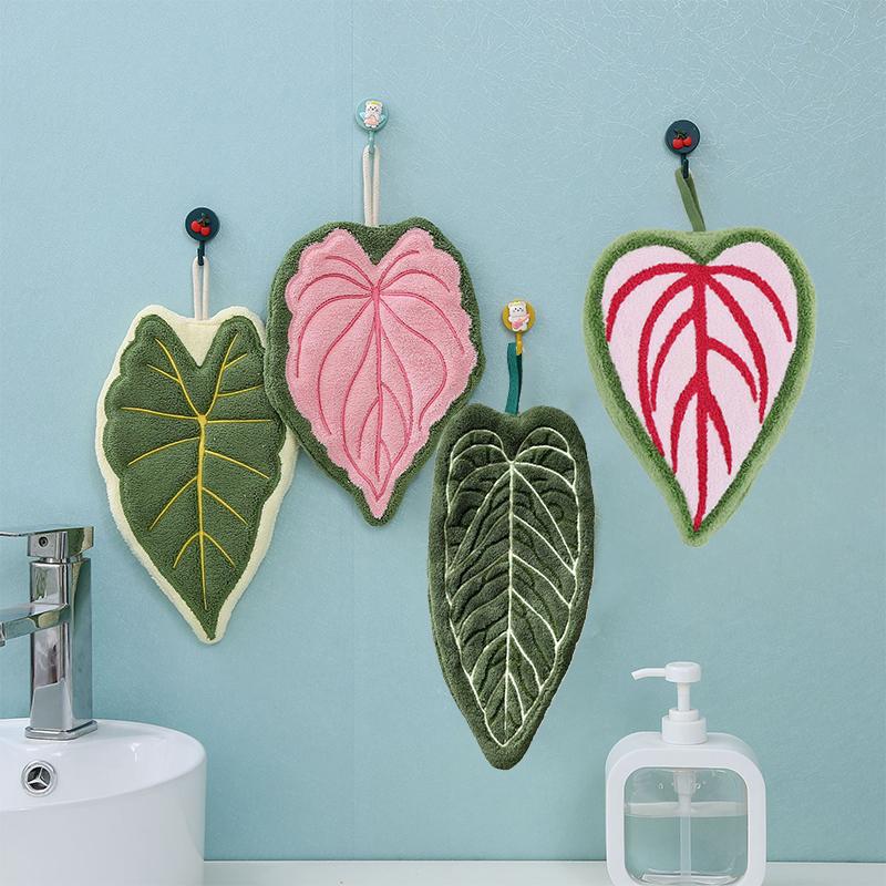 Leaf-Shaped Hanging Hand Towel Soft Coral Fleece Tea Towels Super Absorbent Bath & Kitchen Towel Decorative Towels Home Decor