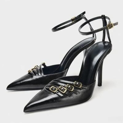 Sexy Pointed Toe Ankle Strap High Heels Women Luxury Metal Buckle Decoration Shoes Fashion Cozy Party Dress Shoes