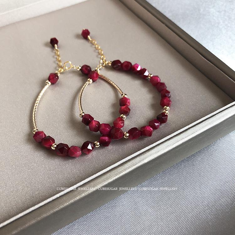 

Geometric Faceted Tiger s Eye Rose Red Beaded Bracelet - Jewelry Gift