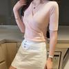 Women Summer V-Neck Ice Silk Knitted Thin Sweater Shirt Top Short Sleeve Slim Irregular Bottoming Button Solid Color