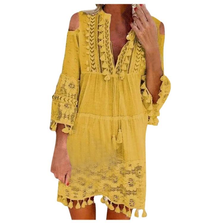 Boho Lace Mini Dress Women Fashion V Neck Three Quarter Sleeve Tassel Dress