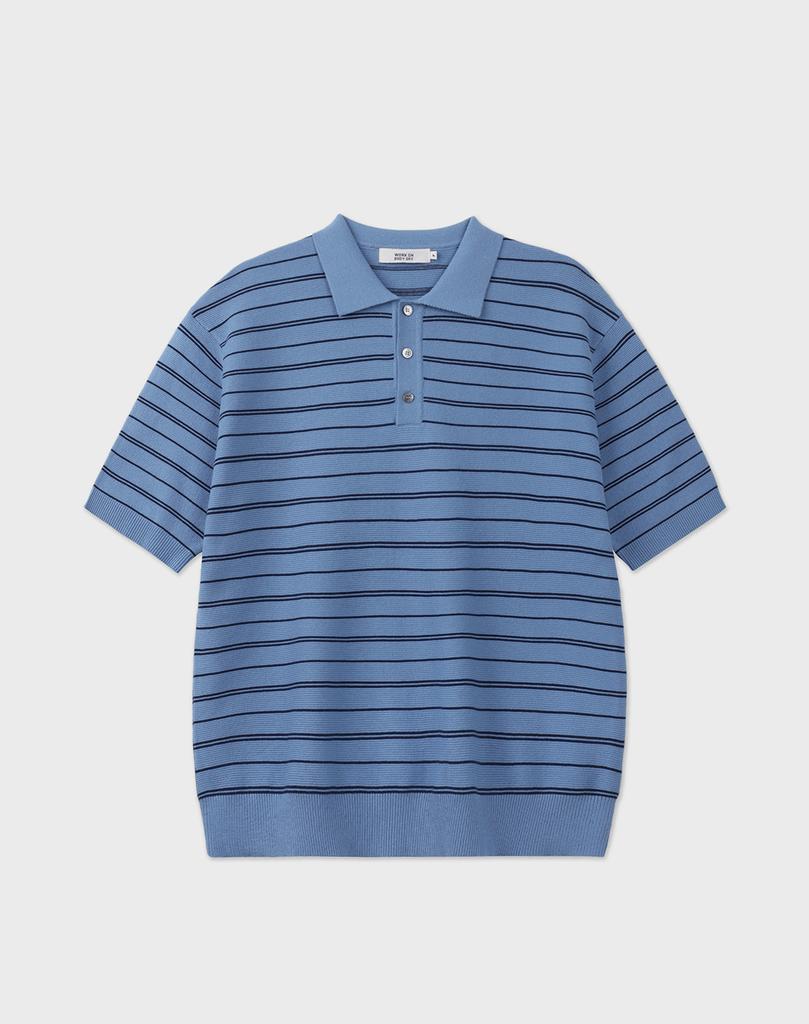WORK ON BODY OFF Ritme Semi-Overfit Cotton Collared Short Sleeve Knit [Blue]