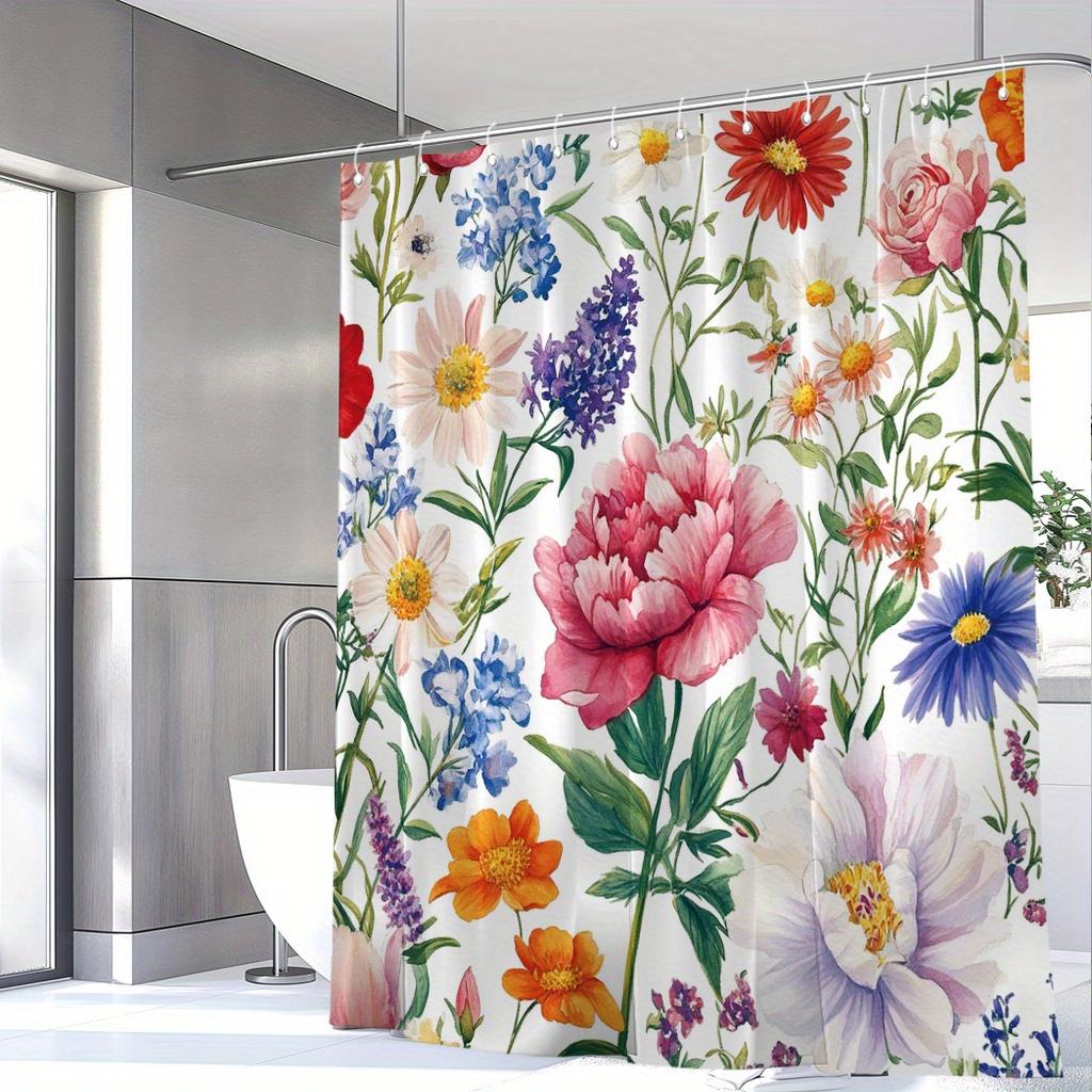 Yuzhiyu Floral Shower Curtain - Water-Resistant Polyester, Fashion Print, 71X71", Machine Washable, 12 Hooks