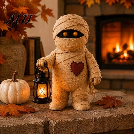Resin Patchwork Doll Lighted Vintage Ghost Figurine with LED Lantern, Rustic Farmhouse Halloween Figurine, Cozy Mantelpiece Ornament Spooky Cute Fall