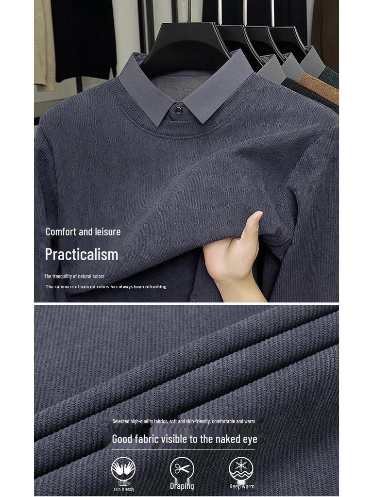 Woodpecker Men's Winter Two-Piece Sweater with Velvet Lining - Thick, Warm, Casual Shirt Collar for Middle-Aged Dads